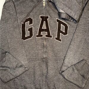 GAP Gray Zip Up Hoodie Large Spell Out Logo Fleece Unisex